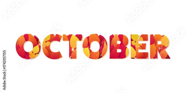 Fototapeta Large October Typography or Banner Design, Template with Colorful Leaves. Colors: Red, Orange, Brown - Vector Template Design Isolated on White Background - Design Element for Calendar or Web