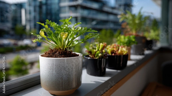 Fototapeta A diverse range of indoor plants thriving in a chic urban setting, illustrating the harmonious blend of modern living with elements of nature and freshness in everyday life.