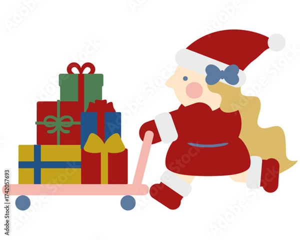 Obraz 台車でたくさんのプレゼントを運ぶかわいい女の子のサンタクロース
