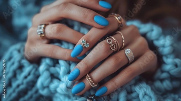 Fototapeta Close-up of a woman's hands, with many different rings on her fingers. His hands are wrapped in a warm blue sweater.