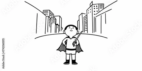 Obraz Boy in superhero costume standing in a city street holding a wand with buildings in the background