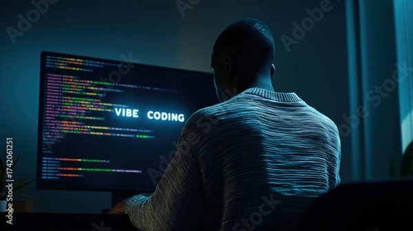 Obraz Young Black Man Programming on Computer Screen in Dark Room — Vibe Coding