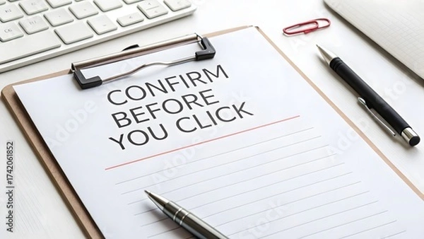 Fototapeta Close up of a checklist reading Confirm Before You Click
