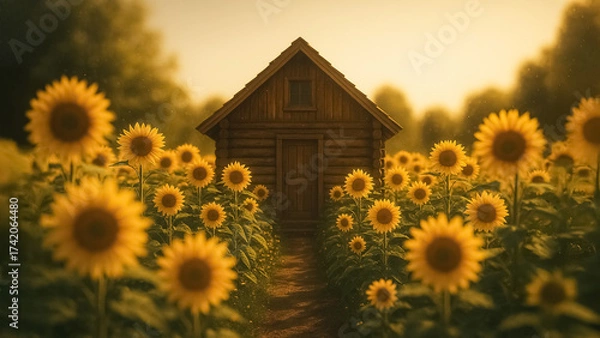 Fototapeta A rustic wooden cabin nestled amidst a vibrant field of towering sunflowers, a idyllic retreat, with golden sunlight.