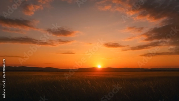Fototapeta The sun dips below the horizon, painting the sky in fiery hues of orange and gold, casting a warm glow over the tranquil landscape below. A serene scene showcasing the beauty and wonder of nature.