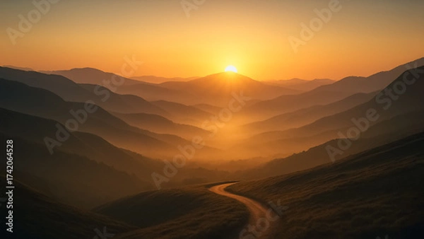 Fototapeta The sun emerges over the mountain range, illuminating the valley with a warm, ethereal glow. A winding road leads towards the horizon.