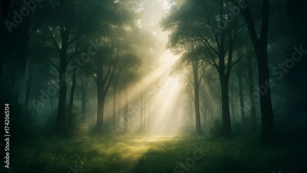 Fototapeta Mystical forest scene, sunlight streaming through the trees, creating a mesmerizing display of light and shadow. Revealing the breathtaking natural world with an otherworldly vibe.