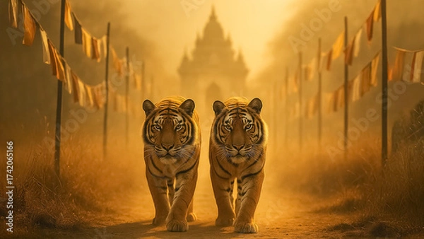 Fototapeta Two majestic tigers stride confidently down a sun-drenched path, leading to an ancient temple, their presence exuding power and grace. capturing the magic of this place.