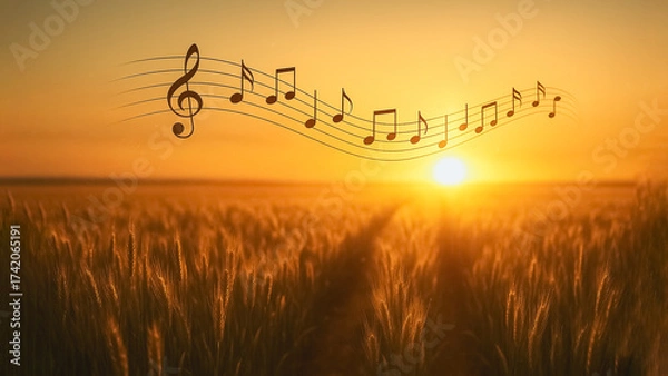 Fototapeta A harmonious blend of nature and music unfolds as musical notes dance above a golden wheat field, bathed in the radiant glow of the setting sun. 