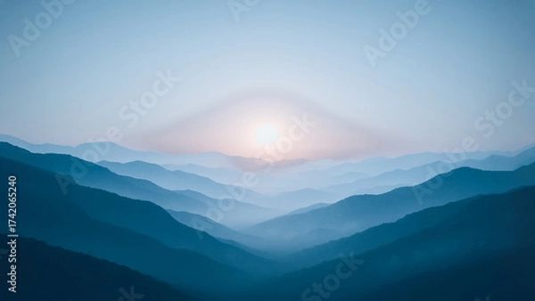 Fototapeta A majestic panorama unfolds, showcasing the layered silhouettes of rolling mountain ridges fading into the hazy horizon, capturing the grandeur and mystique of nature's artistry.