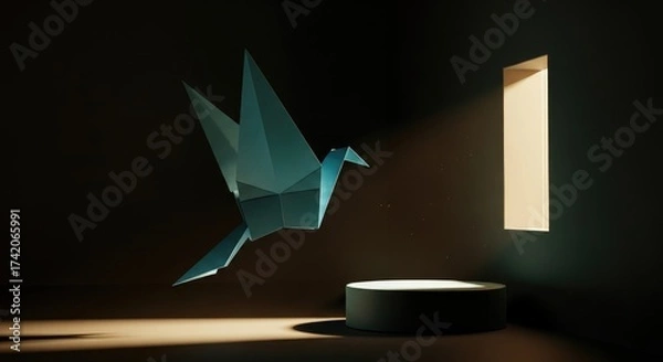 Fototapeta Origami Bird of Hope and Freedom Symbolizing New Beginnings and Positive Change in a Dark World for Optimistic VIsions