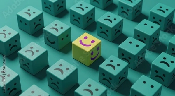 Fototapeta Happiness Strategy Yellow Block Among Sad Blocks Concept for Business Success and Innovation in 110 Characters