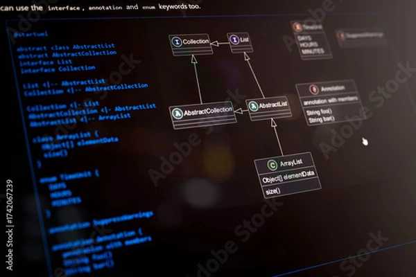 Obraz Programming screen displaying object-oriented class inheritance structure using PlantUML syntax with interface, abstract class, and annotation for software architecture and data modeling.