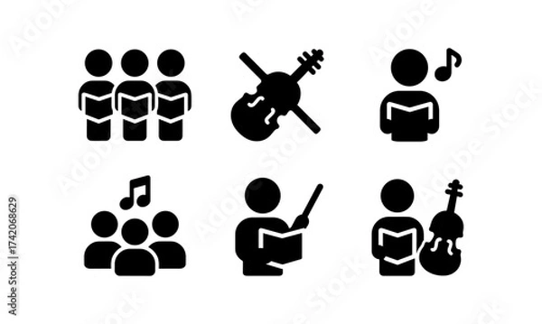 Fototapeta Musical icons: choir, instruments, and conductors in minimalist black silhouettes