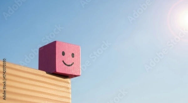 Fototapeta Embrace the Power of Optimism: A Pink Cube with a Smiling Face Set Against a Bright Blue Sky as Background for Your Ideas