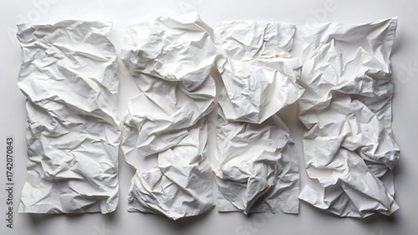 Fototapeta A collection of crumpled white paper sheets arranged on a bright surface