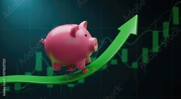 Fototapeta Growing investment concept with piggy bank ascending a green arrow representing the rise of financial markets 110char