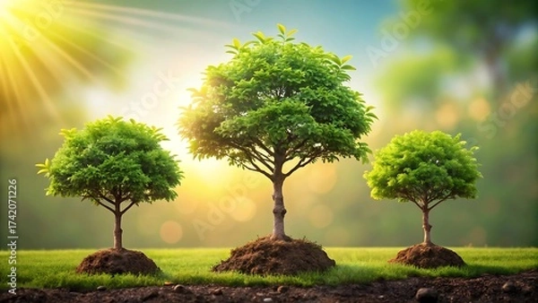 Fototapeta Three vibrant green trees bask in the warm glow of sunlight