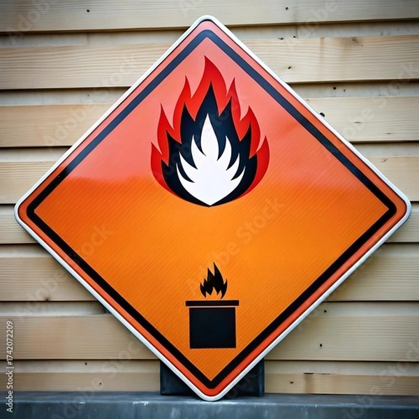 Fototapeta A yellow warning sign displaying a flame symbol for flammable materials