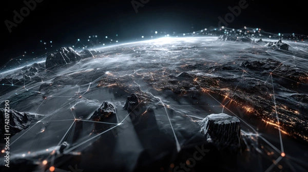 Obraz Blockchain technology futuristic hud background with world globe and blockchain polygon peer to peer network.