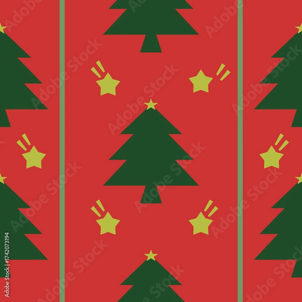 Obraz Seamless, Festive Christmas wrapping paper featuring green trees and yellow stars on a bright red background, perfect for holiday gifts.