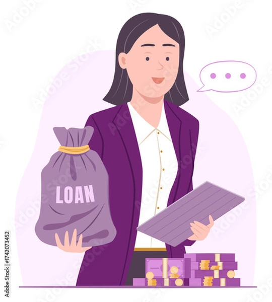 Obraz Bank Employee Presents Loan Money Bag with Stack of Cash Money Bundle for Bank Loan and Financial Concept Illustration