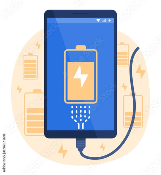 Fototapeta Mobile Phone Charging with USB Cable for Battery Charging Technology Concept Illustration Clip Art