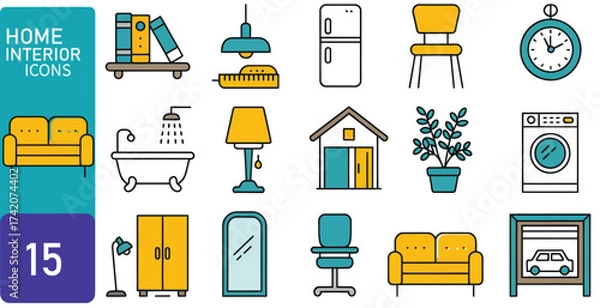 Fototapeta Set of colorful flat design line icons representing various household furniture, appliances, and home decor elements for modern living spaces