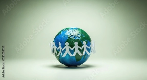 Fototapeta Connected World:  Paper People Chain Around Globe,  Sustainability, Collaboration and  Global Community Concept Visual
