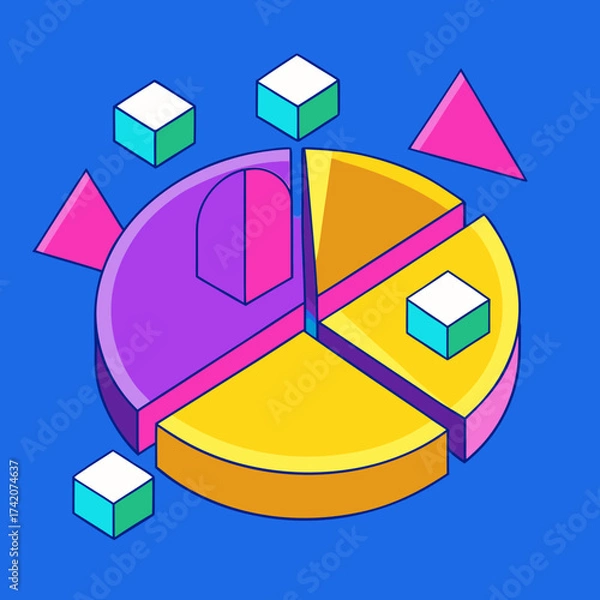 Fototapeta 3D Pie Chart with Floating Geometric Shapes on Blue Background