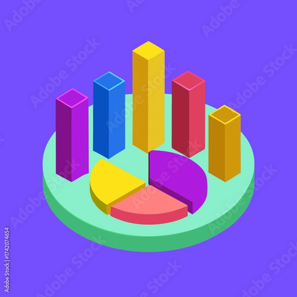Fototapeta Isometric chart of colorful bars and a pie diagram