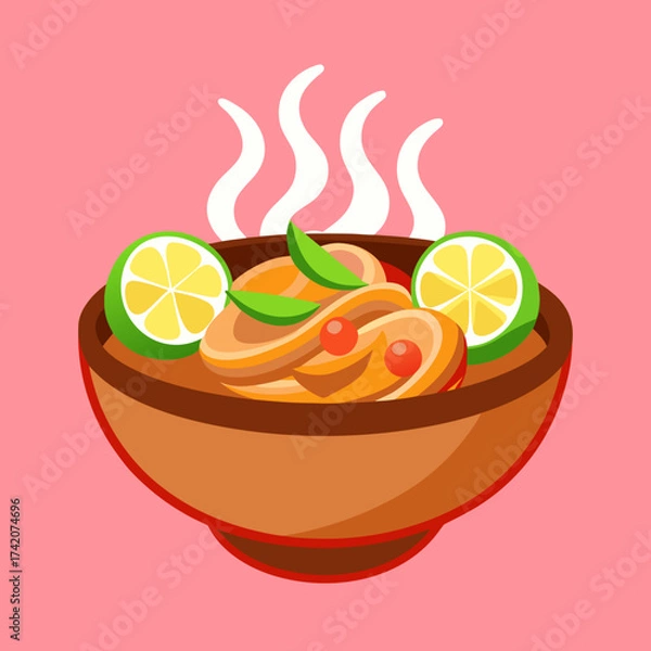 Fototapeta A steaming bowl of mee goreng with lime and chili on pink