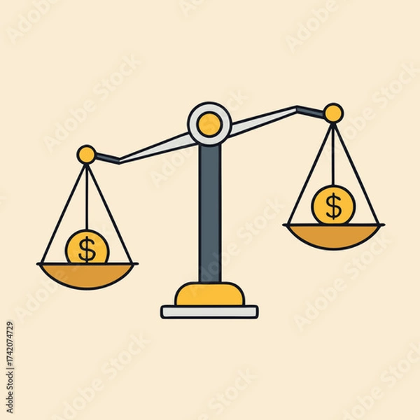 Fototapeta Simple illustration of scales balancing with dollar coins