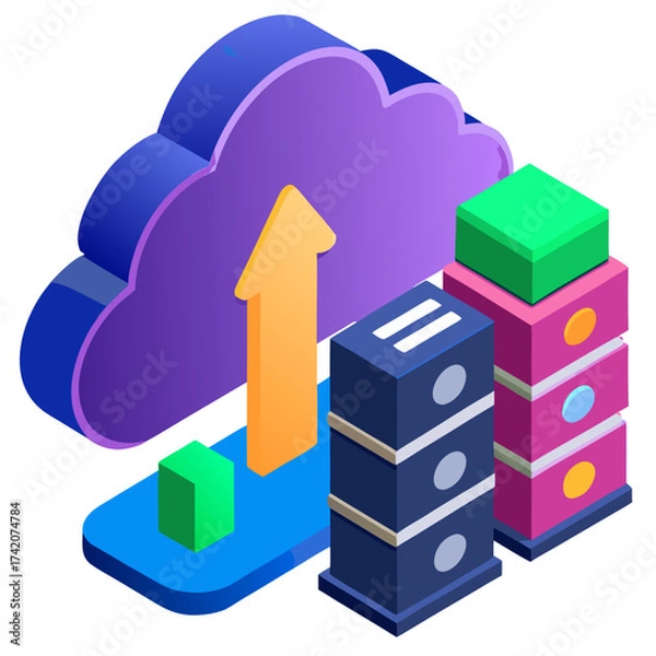 Fototapeta Isometric cloud server with an arrow uploading data online