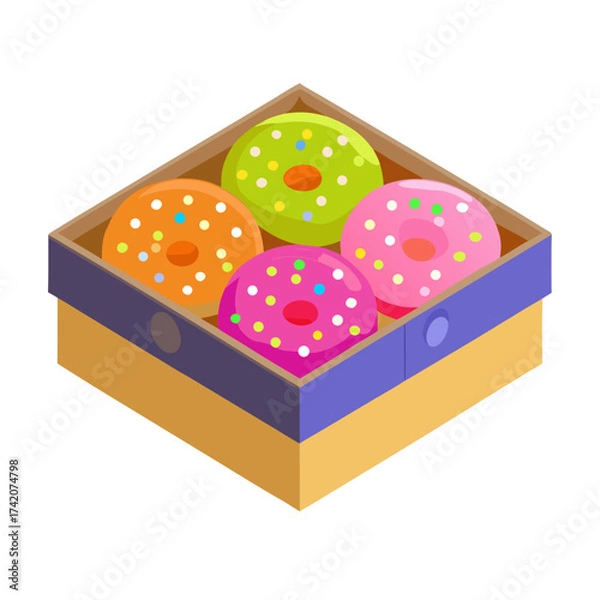 Fototapeta Box of colorful glazed donuts arranged in isometric style