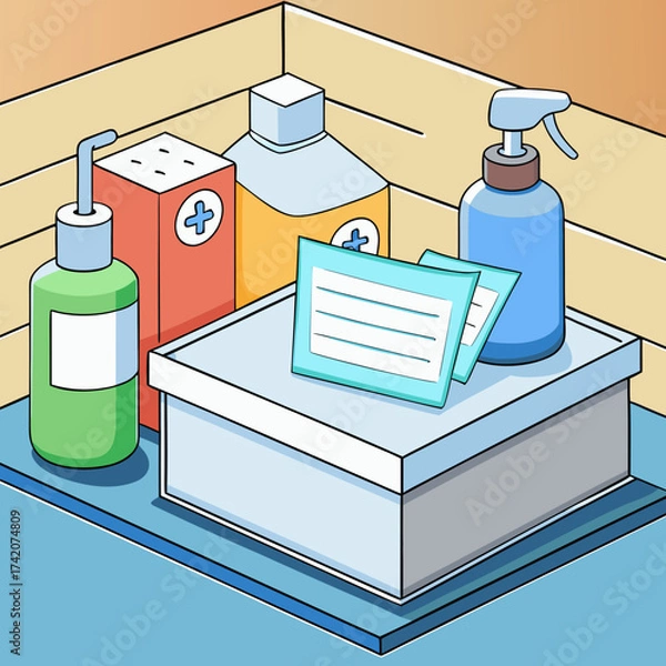 Fototapeta Cartoon illustration of disposable masks and sanitizer bottles
