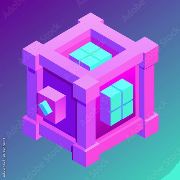 Fototapeta Isometric Digital Bank Vault with Glowing Digital Blocks