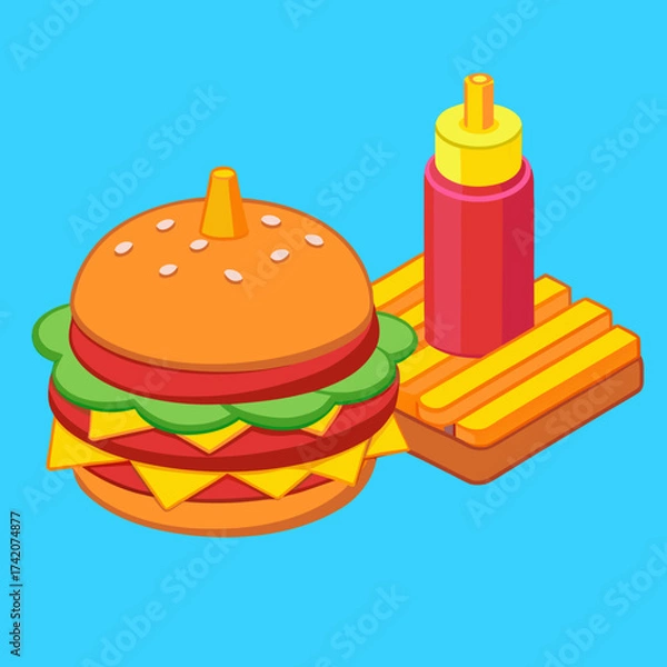 Fototapeta Colorful Burger with Fries and Ketchup Against a Blue Background