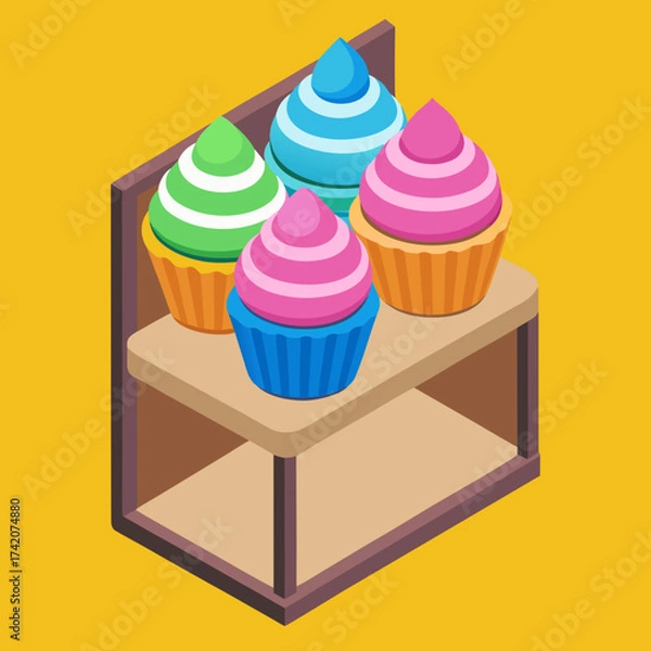 Fototapeta Colorful Cupcakes Arranged on Wooden Shelf with Daylight