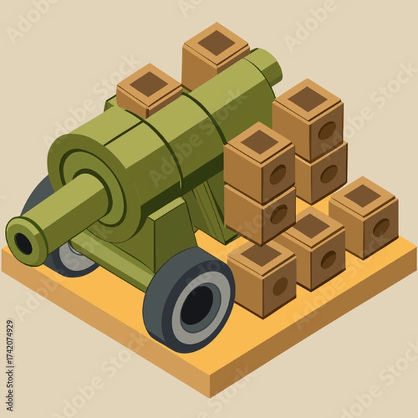 Fototapeta Isometric illustration of artillery cannon with shell crates