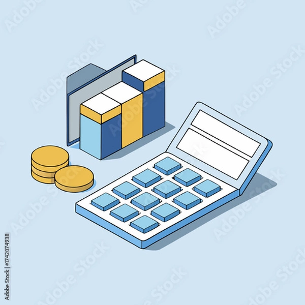 Fototapeta Isometric Illustration of Calculator with Financial Charts and Coins