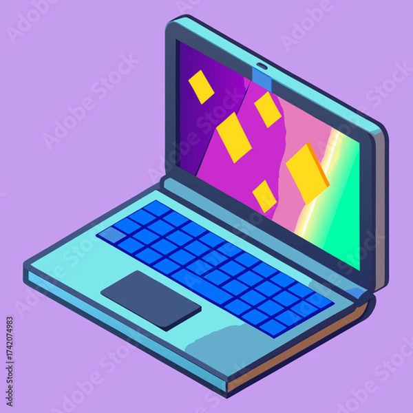 Fototapeta Isometric Laptop Displaying Abstract Digital Code Artwork