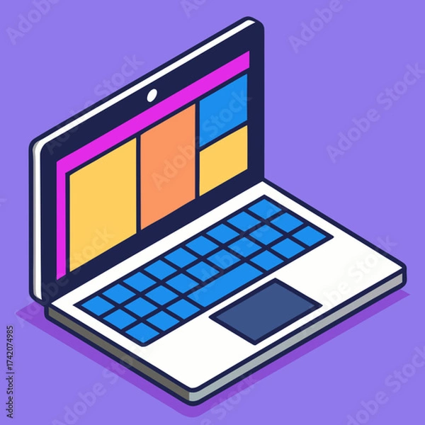Fototapeta Isometric Laptop with UI Design on a Purple Background