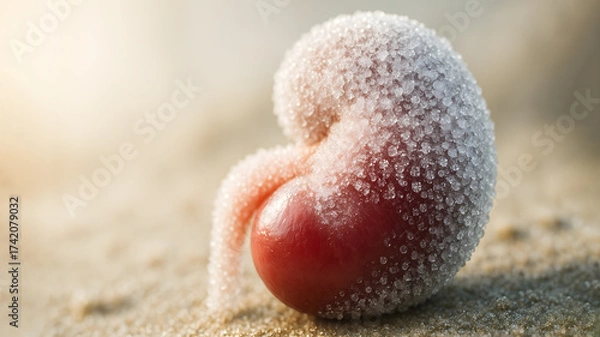 Fototapeta An eye-catching macro shot captures the detail of a single, frost-covered, seed. with its delicate texture in perfect focus. It evokes themes of natural growth and seasonal beauty.