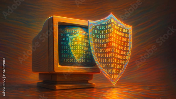 Fototapeta A vintage computer is protected by a glowing, transparent shield. This imagery illustrates a computer system’s security. 
