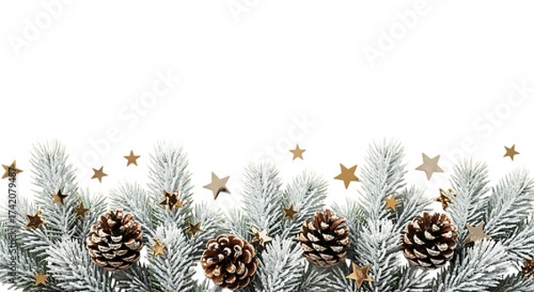 Fototapeta Frosted pine branches with pinecones and gold stars isolated on a transparent background Christmas winter