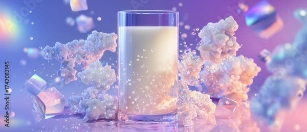 Fototapeta Collagen drink surrounded by abstract molecular structures and holographic reflections, scientific visualization style, clean background, modern supplement concept