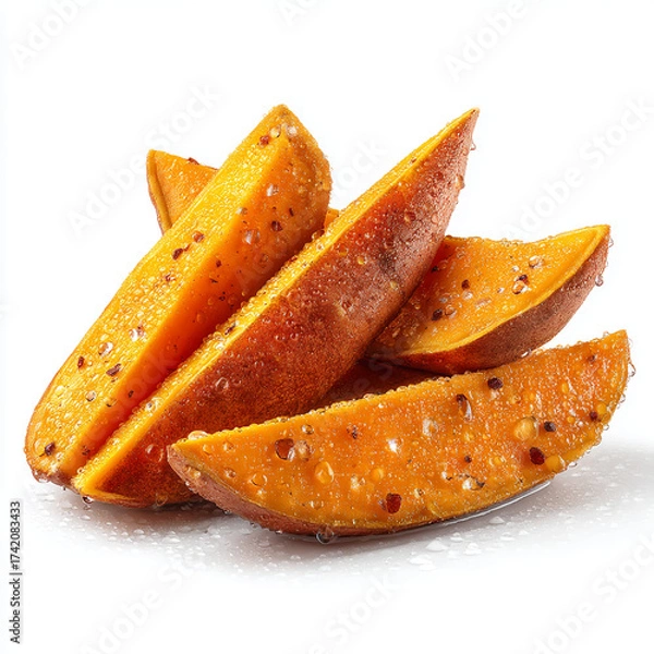 Obraz A close up of several wedges of sweet potato with water droplets on a white background surface