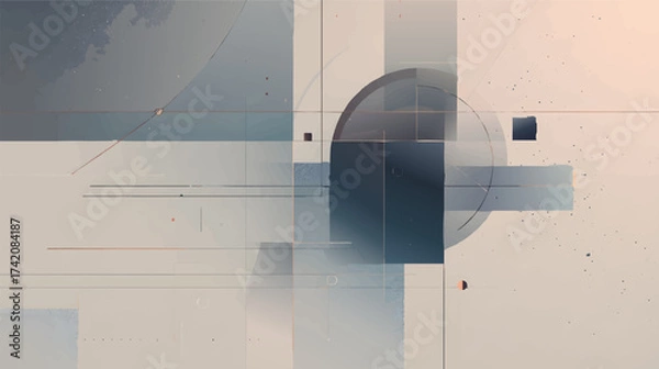 Fototapeta An abstract composition featuring geometric shapes, lines, and curves in a modern design with a dark color palette and hints of orange