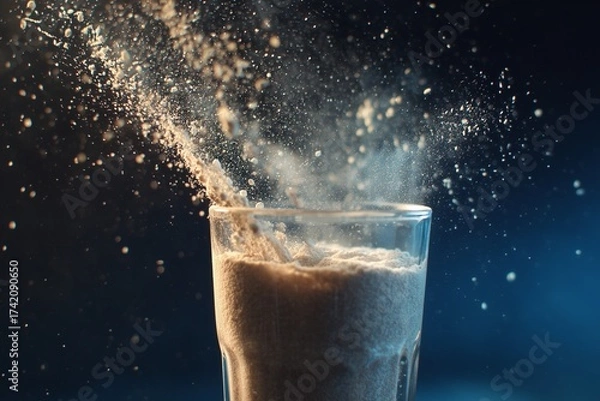 Fototapeta Slow-motion splash of collagen powder falling into glass of water with crystal droplets frozen mid-air, backlit glow, cinematic clarity, dynamic still life, horizontal composition